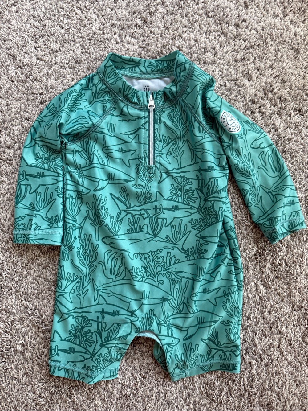 Gap Kids Teal Shark-Print Long-Sleeve Swim Suit